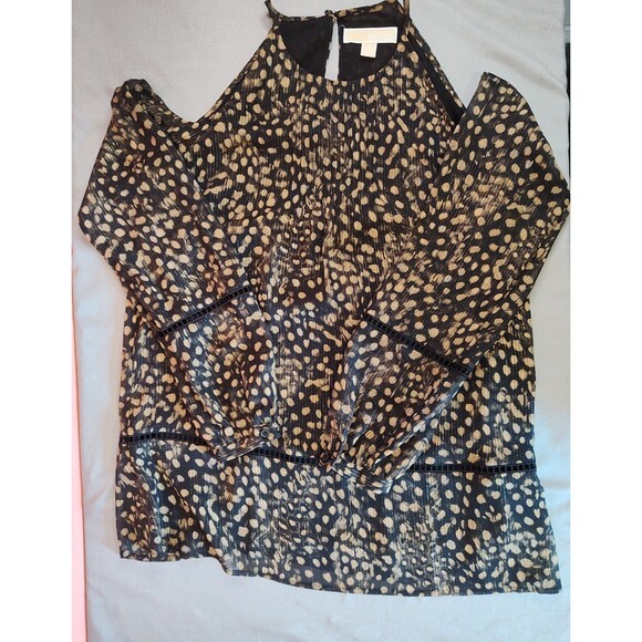 Women's Michael Kors Open Shoulder Long Sleeve Blouse Linen Black Gold Medium - Picture 3 of 5